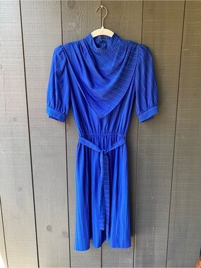 Vintage Periwinkle Blue Stripes Midi Dress with Belt